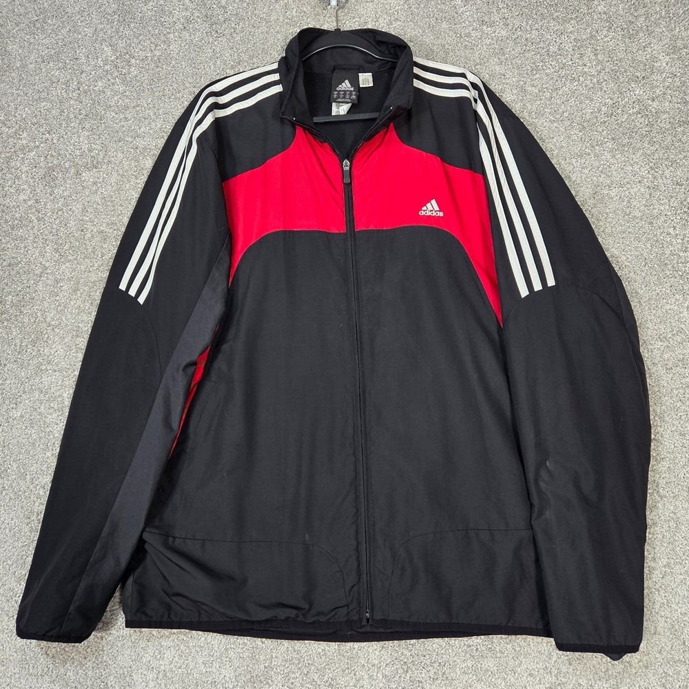 Adidas windbreaker Track Jacket men XL Black Red 3 Stripe Full Zip mesh lined
